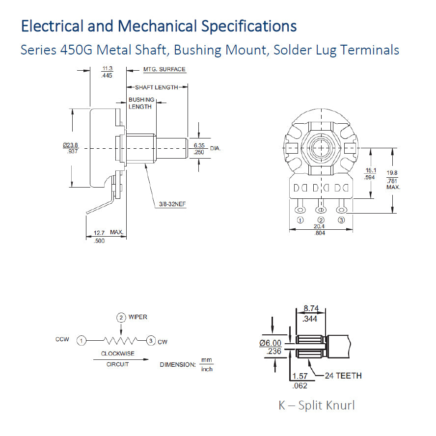 A500K 3/8" CTS Guitar Potentiometer, Knurled Shaft