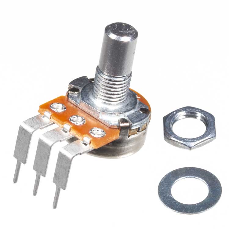 A10K 16mm Potentiometer, Round Shaft, Right Angle PCB Pins