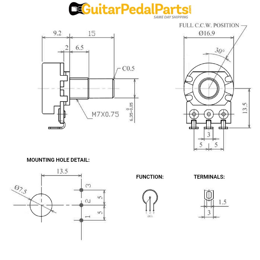 A100K 16mm Potentiometer, Round Shaft, Solder Lugs