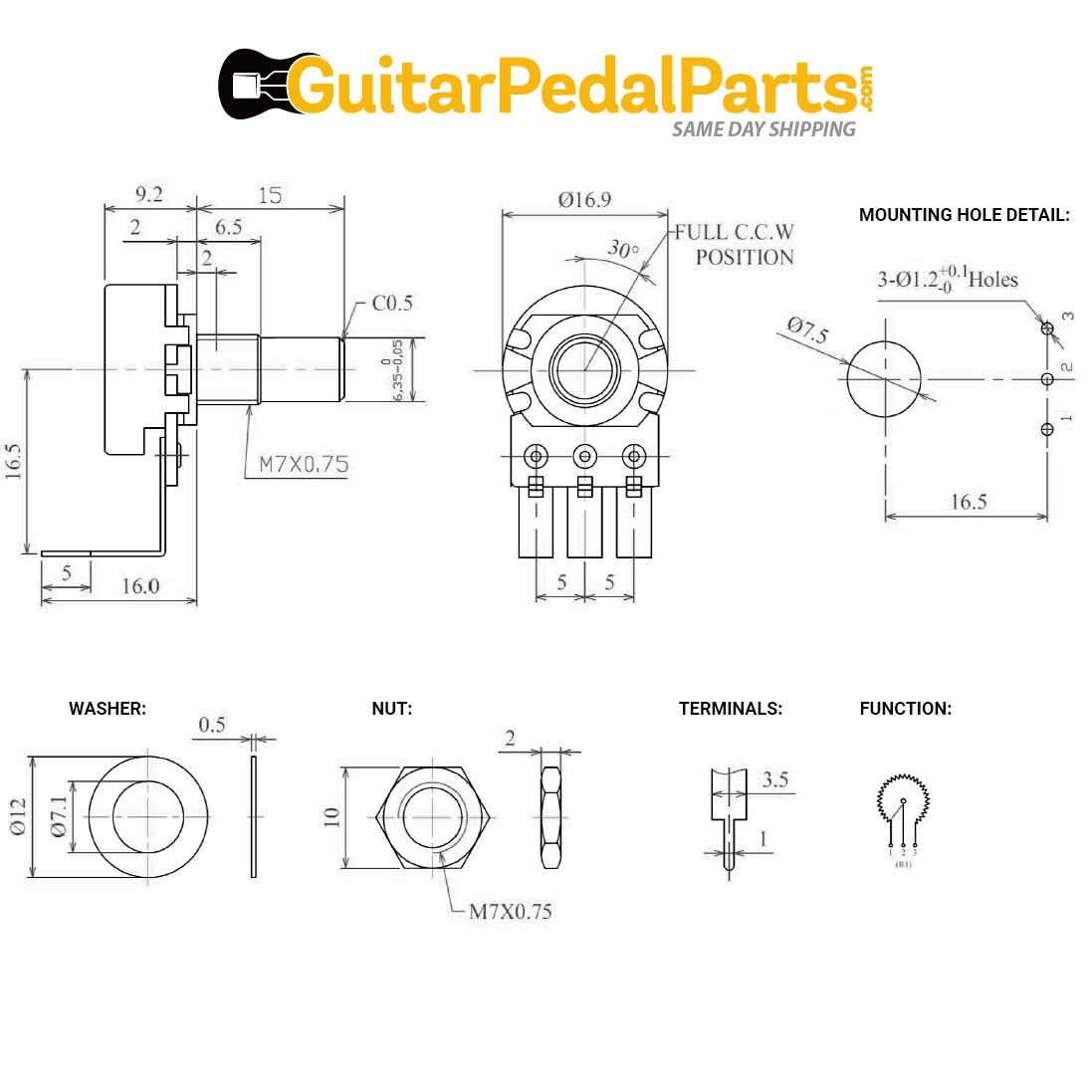 guitar pedal pots A250K 16mm Potentiometer, Round Shaft, Right Angle PCB Pins